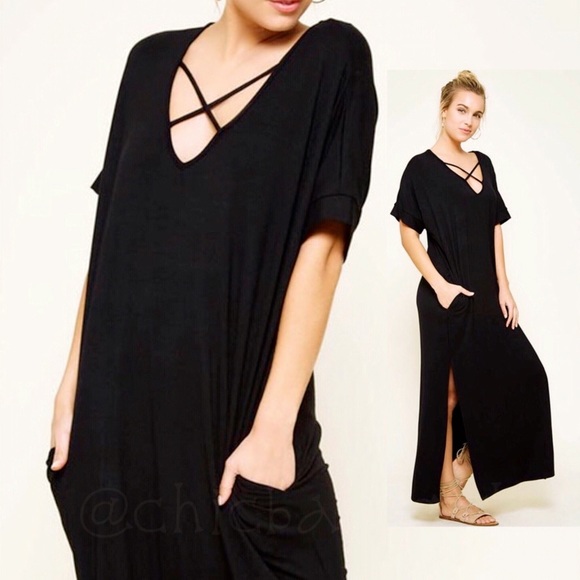 X-Cross Neck Detail Maxi Knit Dress Black - Picture 3 of 7